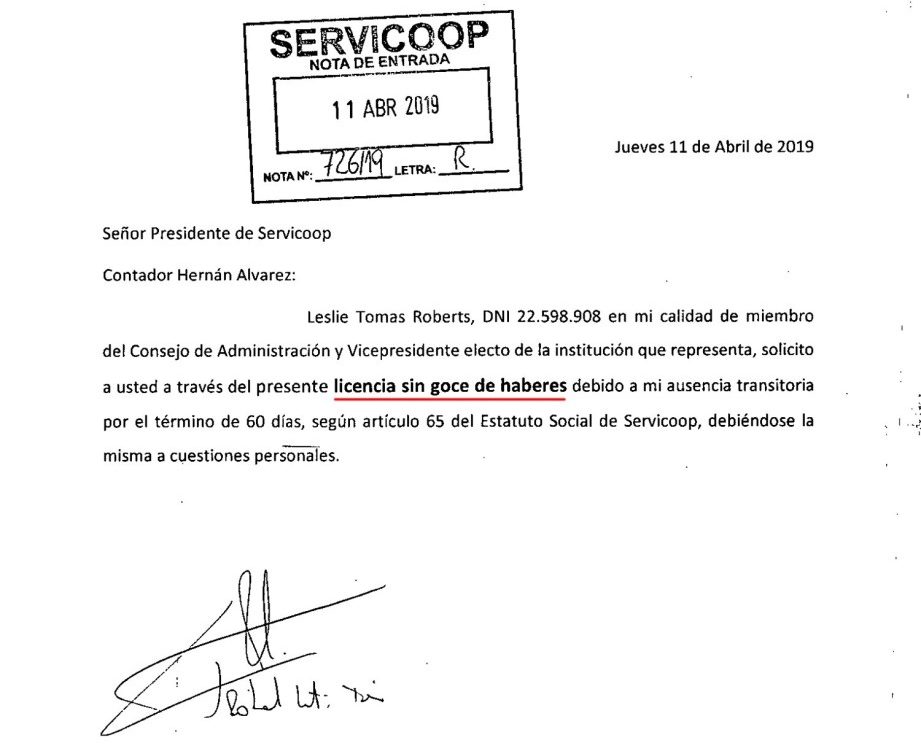 Servicoop comunicó que Leslie Roberts se tomó “licencia sin goce de haberes”