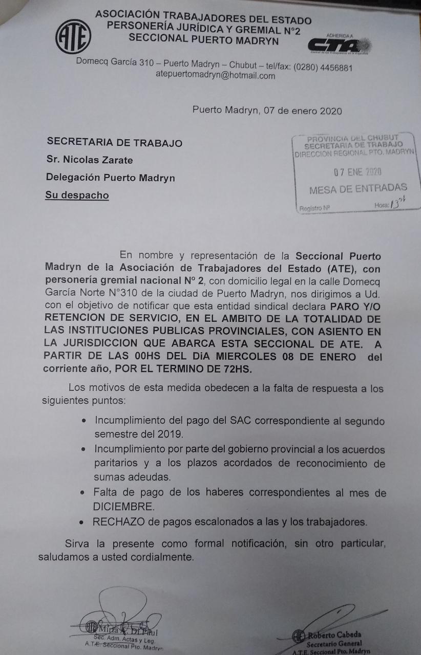 ATE INICIÓ PARO Y RETENCIÓN DE SERVICIOS POR 72 HORAS
