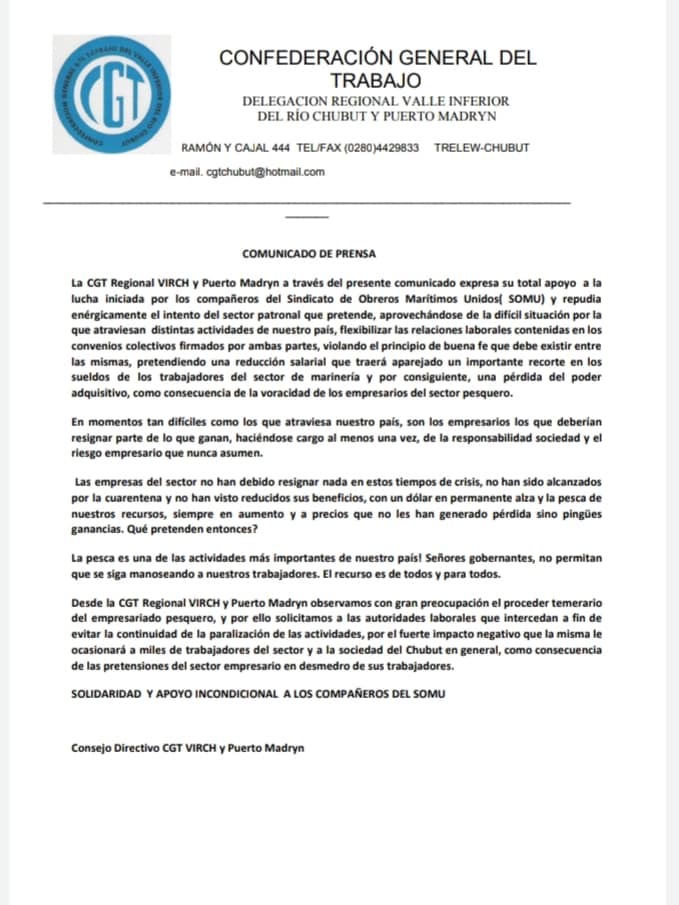 RECLAMO DE LA CGT VIRCh-MADRYN A LAS CÁMARAS PESQUERAS