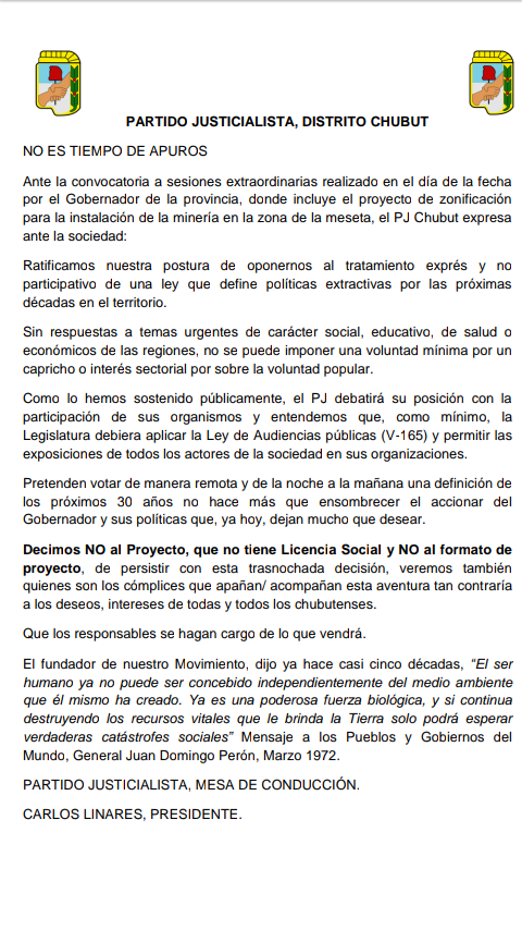 EL PJ COMUNICÓ QUE NO ACOMPAÑARÁ EL PROYECTO DE ZONIFICACIÓN MINERA