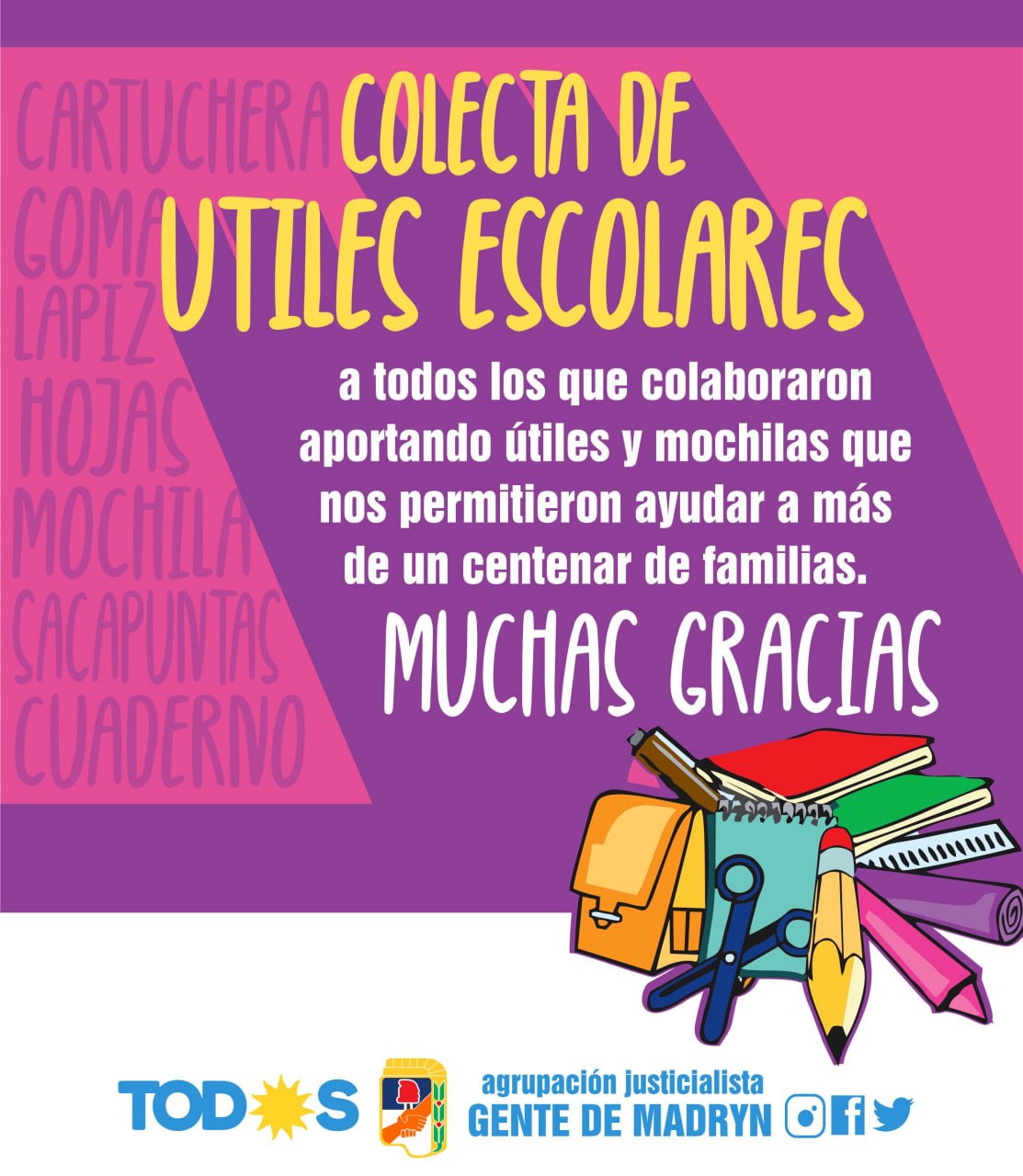 LA AGRUPACIÓN GENTE DE MADRYN AGRADECIÓ A QUIENES COLABORARON EN LA CAMPAÑA DE ÚTILES ESCOLARES