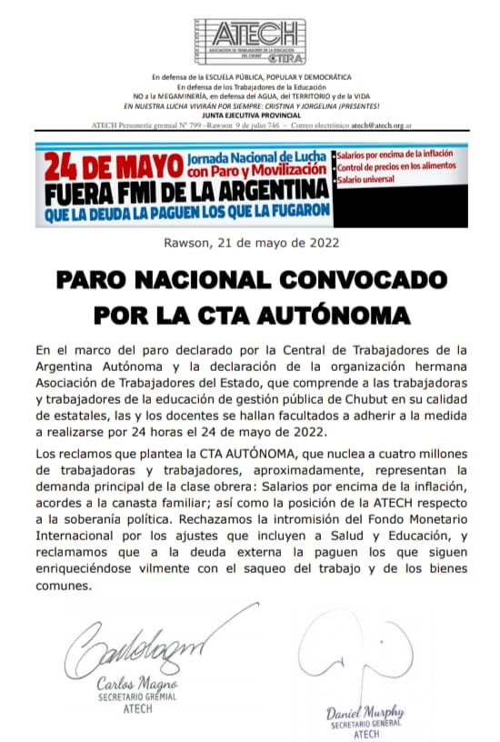 ATECH Y ATE ADHIRIÓ AL PARO NACIONAL DE LA CTA AUTÓNOMA