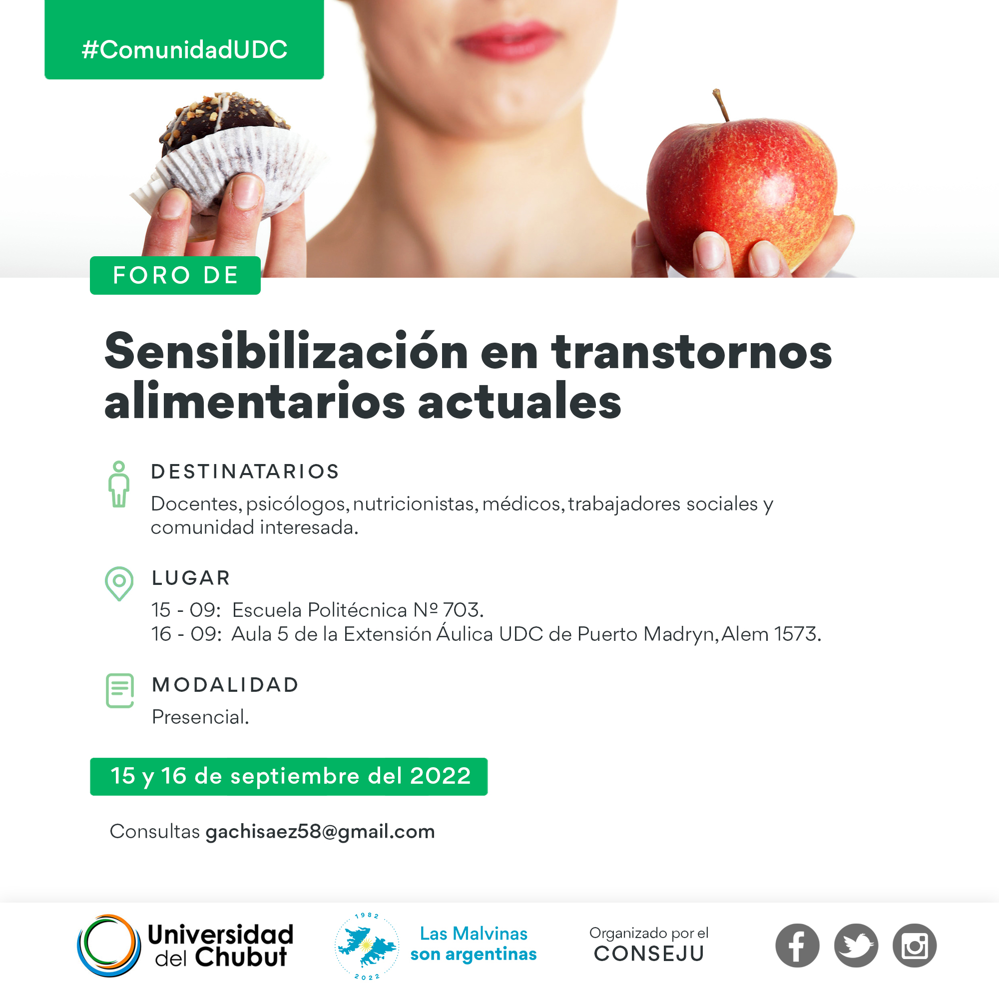 SE DESARROLLARÁ EN PUERTO MADRYN UN FORO SOBRE NUTRICIÓN Y PREVENCIÓN DE TRASTORNOS ALIMENTARIOS