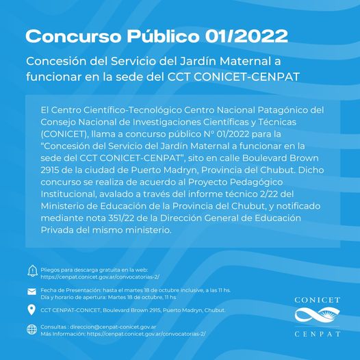 REALIZARÁN CONCURSO PÚBLICO PARA LA “CONCESIÓN DEL JARDÍN MATERNAL DEL CCT CONICET-CENPAT”