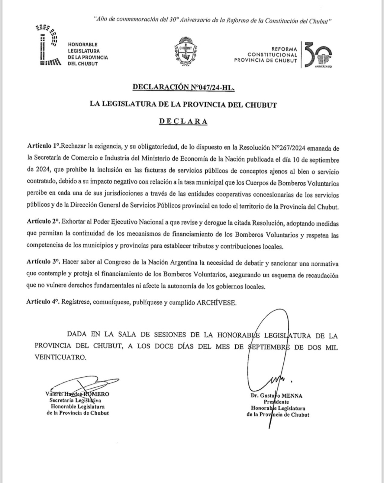 La Legislatura de Chubut rechaza resolución nacional que afecta el financiamiento de los Bomberos Voluntarios