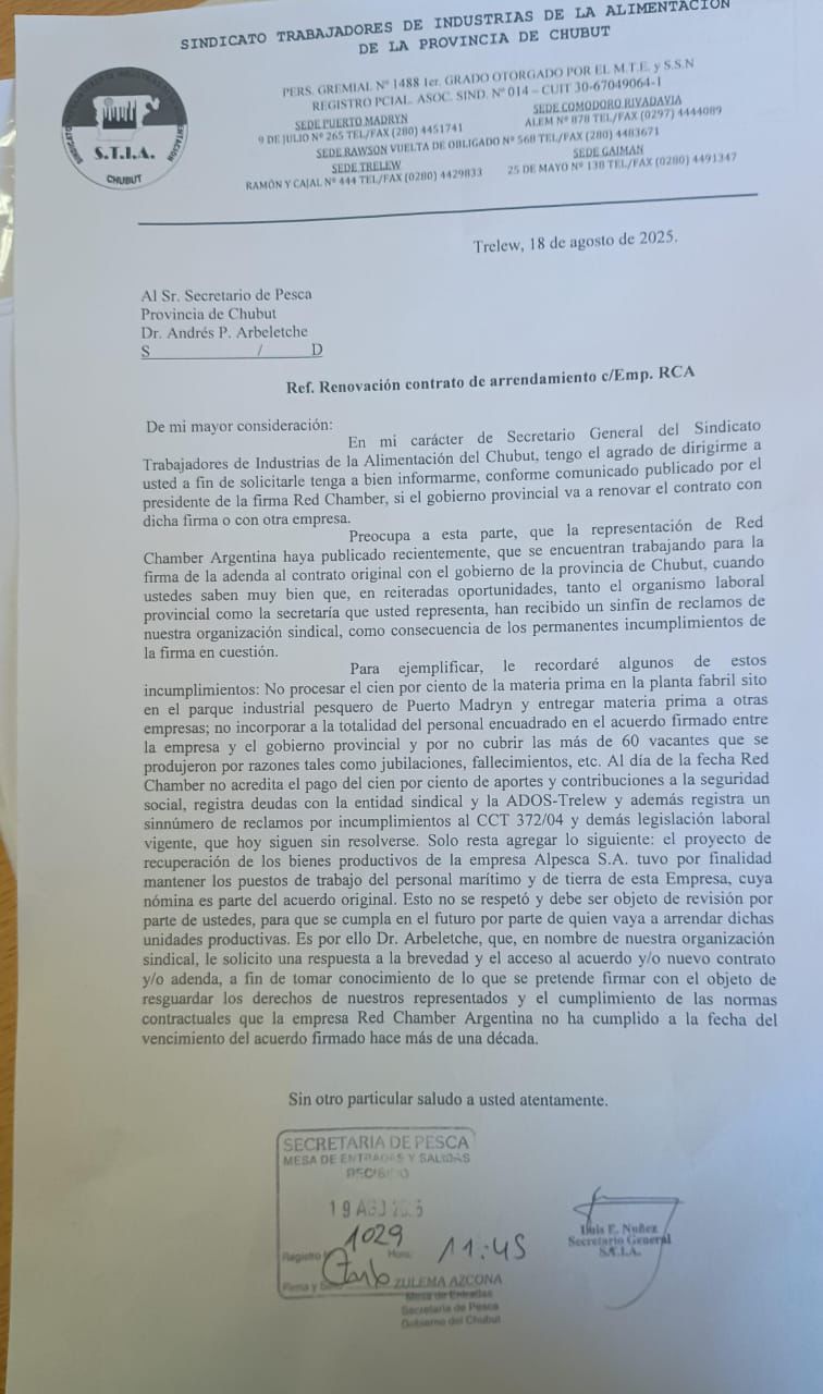 Red Chamber: El STIA pidió a Arbeletche que se rescinda el contrato a la empresa por «permanentes incumplimientos» de la legislación laboral
