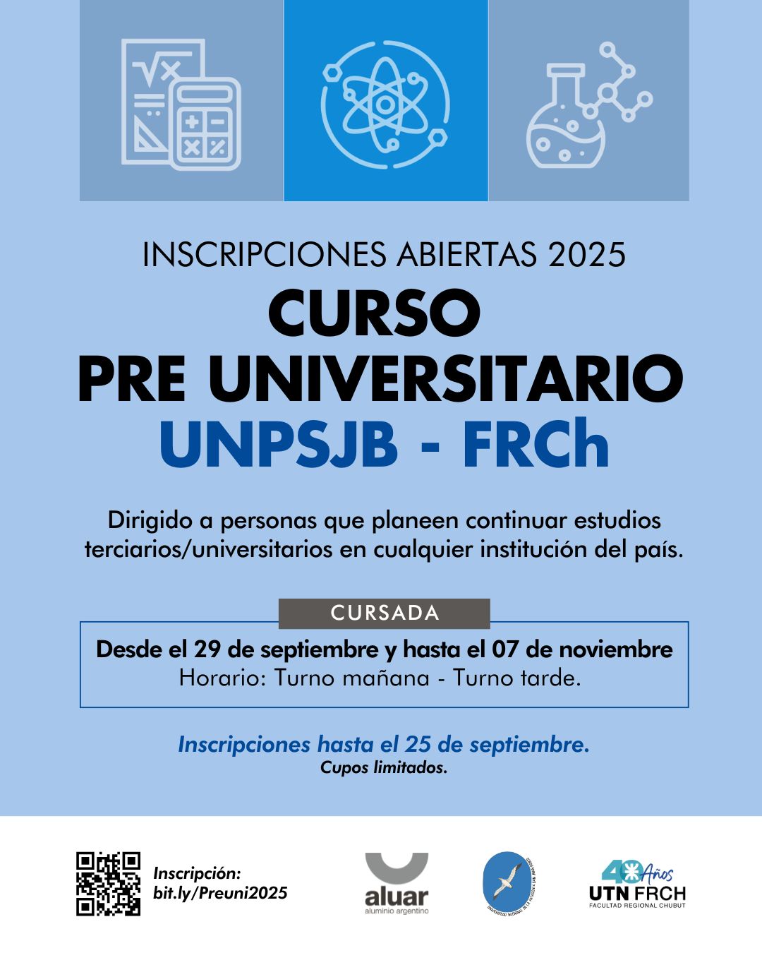 Inscripciones abiertas para el Curso Preuniversitario UNPSJB – UTN FRCh