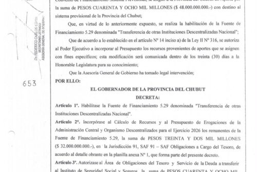 Torres formalizó por decreto el destino exclusivo de los fondos recuperados de ANSES para los jubilados chubutenses
