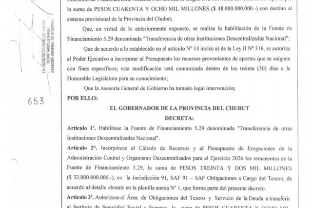 Torres formalizó por decreto el destino exclusivo de los fondos recuperados de ANSES para los jubilados chubutenses